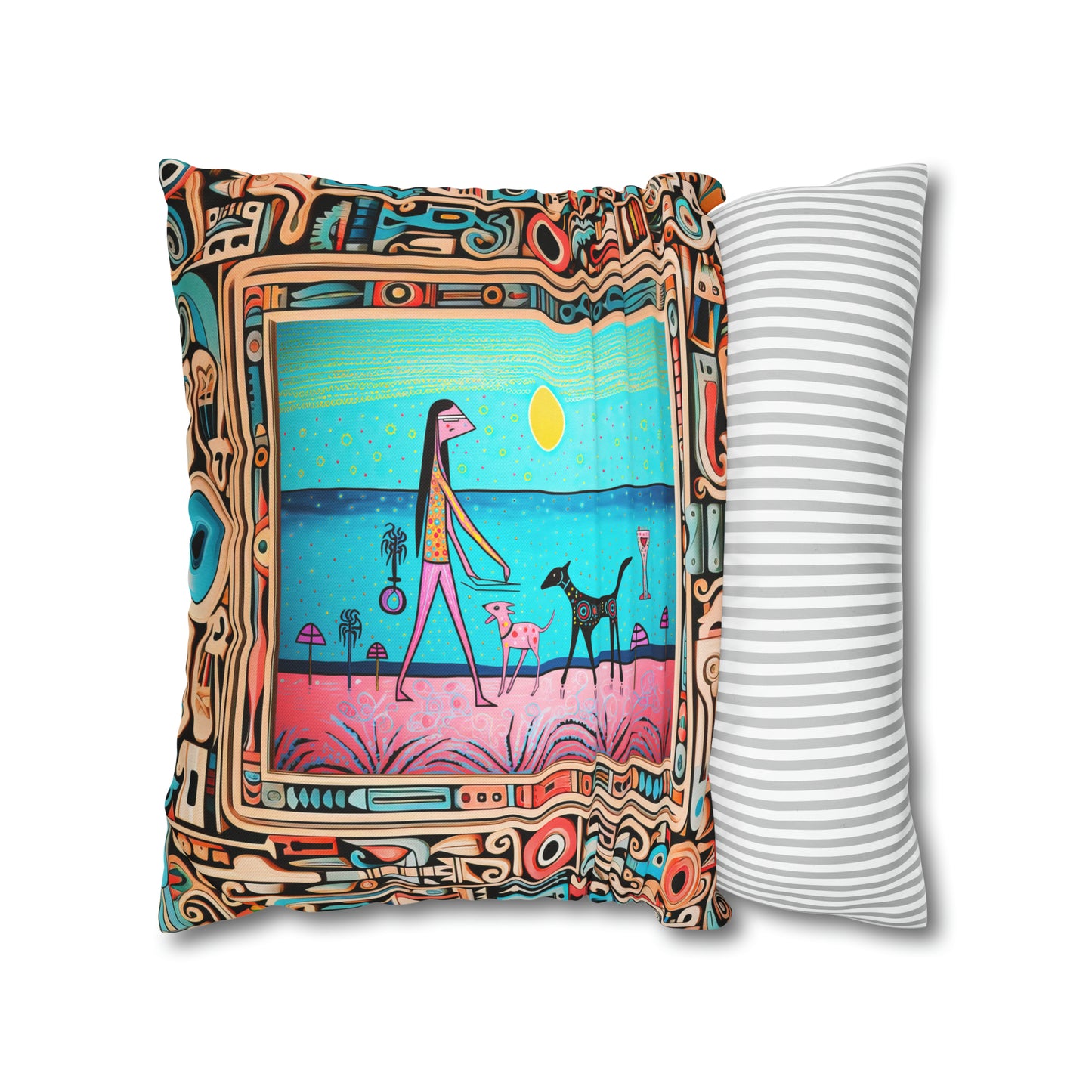 Square Pillow Case 18" x 18", CASE ONLY, no pillow form, original Pop Art Style, Alien Walking Her Dog on Mars, in a Frame
