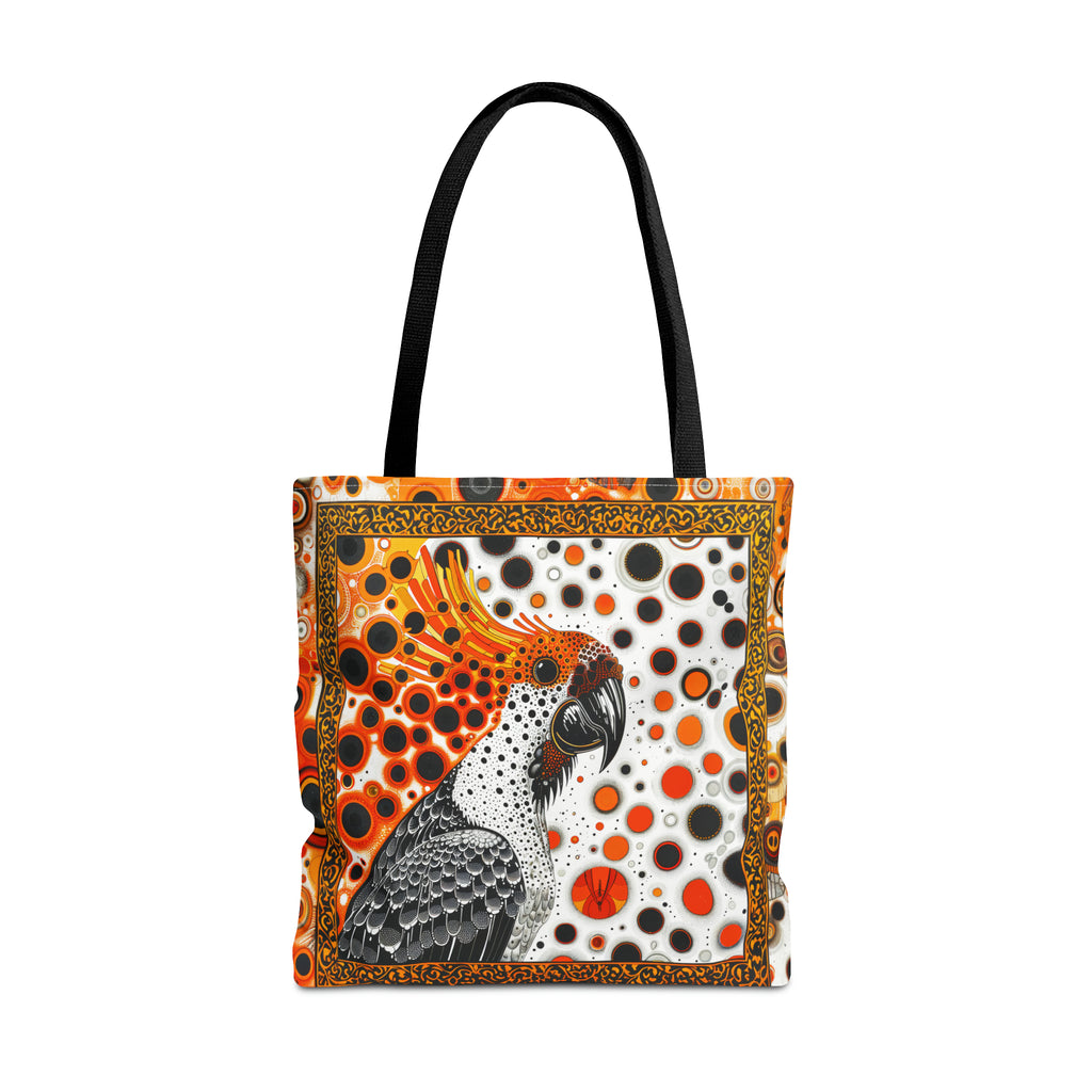 Canvas Tote Bag, Mod inspired orange bird design, vibrant artistic accessory, whimsical all over print bag in three sizes with cockatoo design