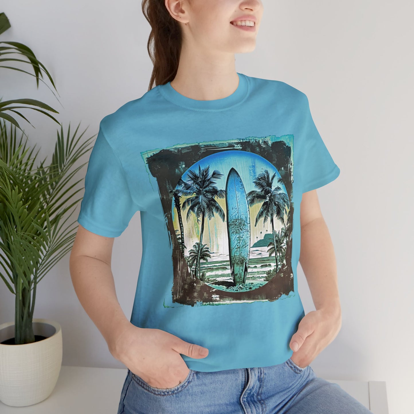 Blue board on the beach Unisex Jersey Short Sleeve Tee