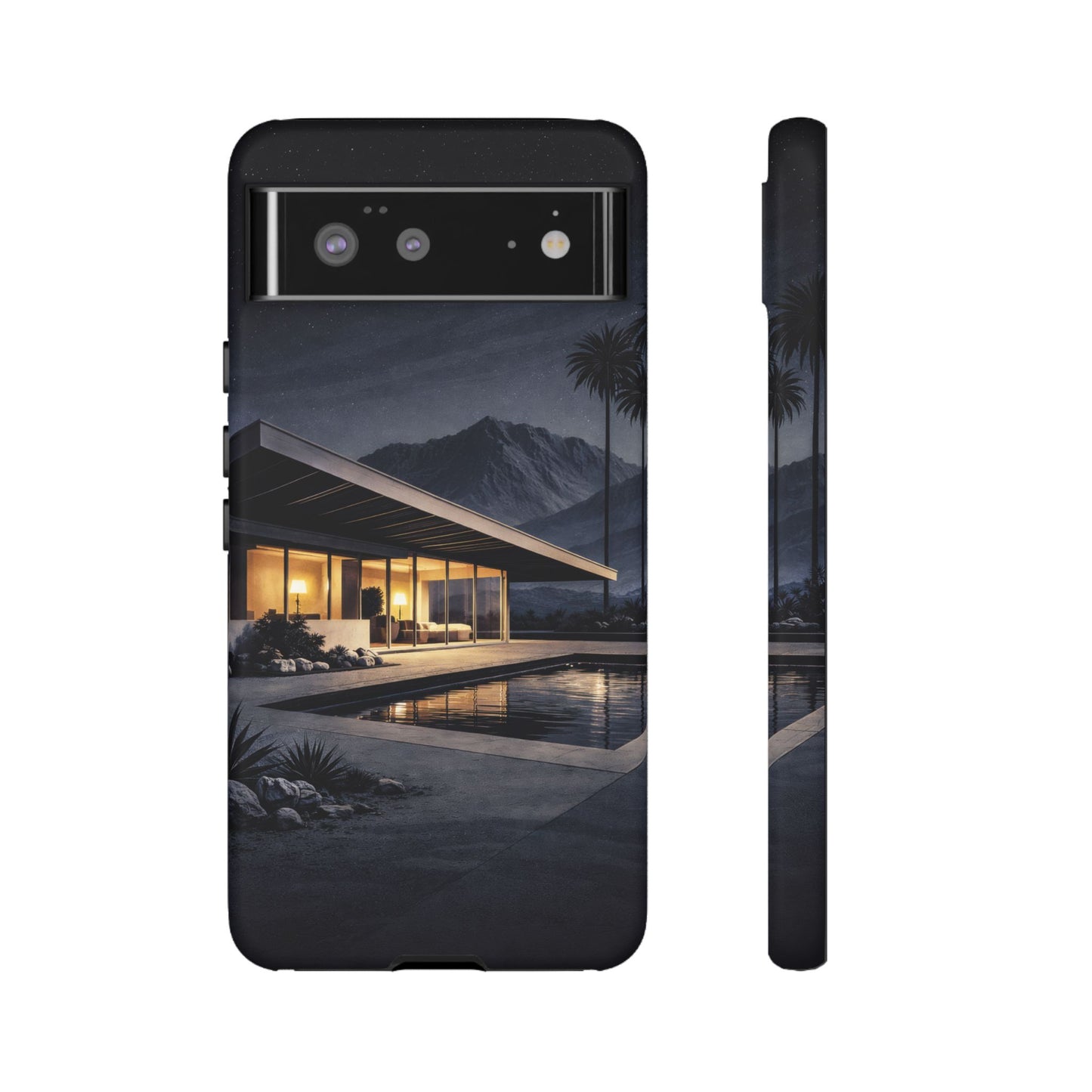 Modern Palm Springs House Phone Case — Mid-Century Poolside Evening Scene