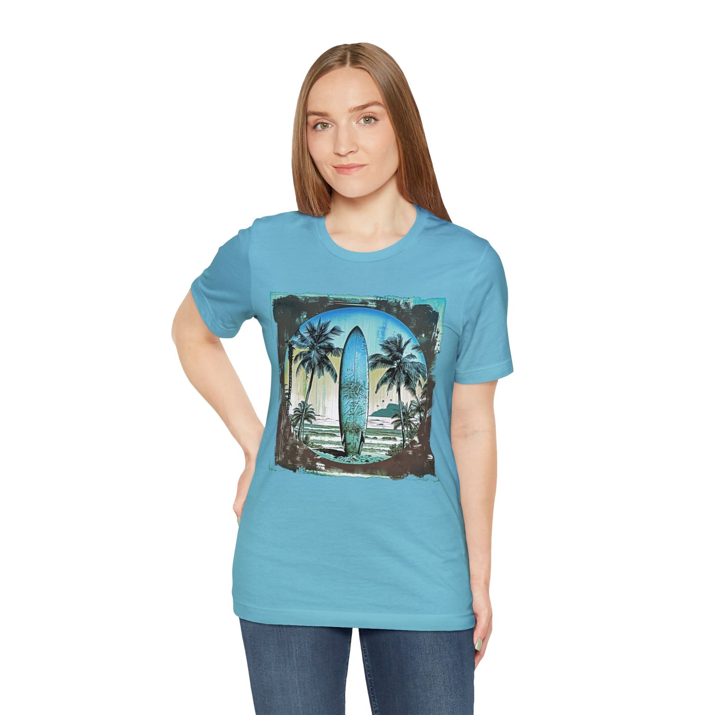 Blue board on the beach Unisex Jersey Short Sleeve Tee
