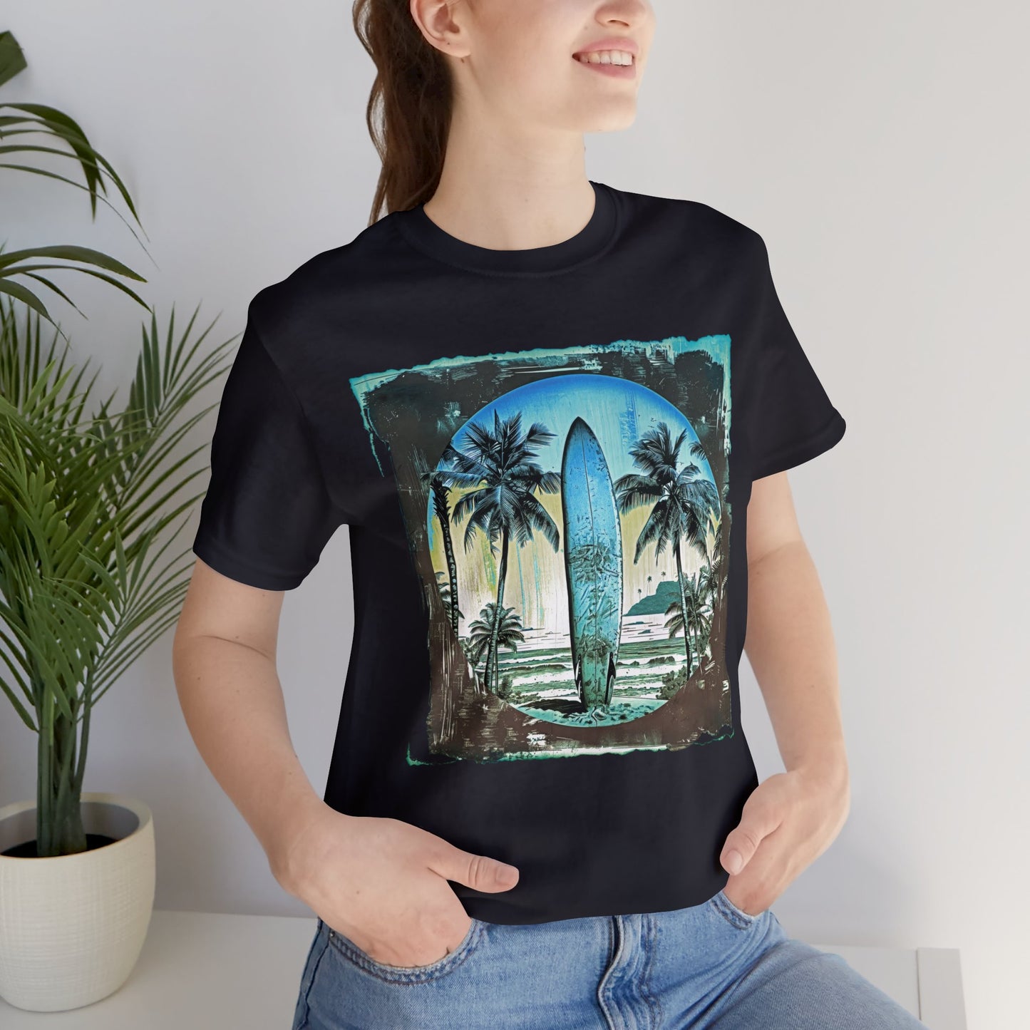 Blue board on the beach Unisex Jersey Short Sleeve Tee