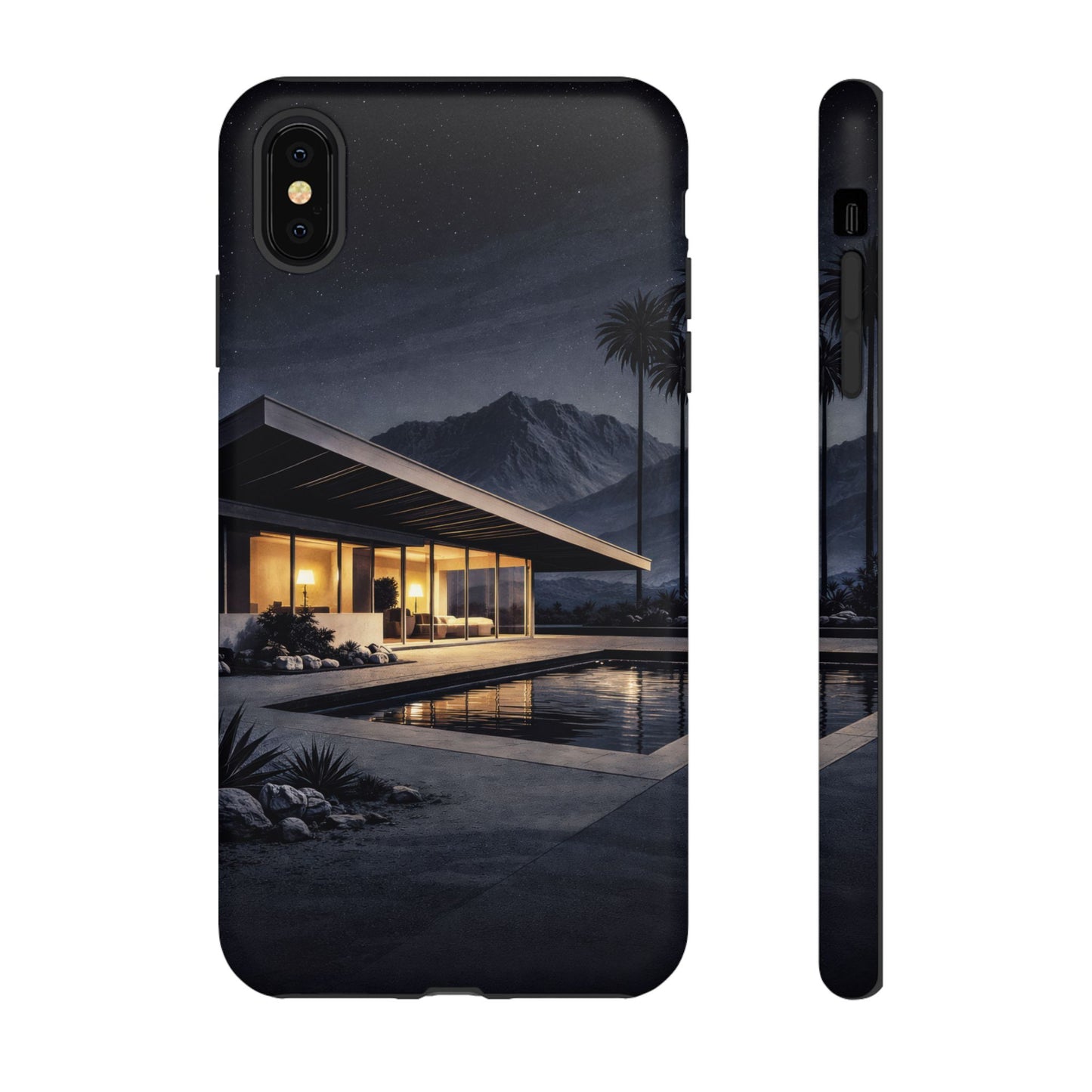 Modern Palm Springs House Phone Case — Mid-Century Poolside Evening Scene