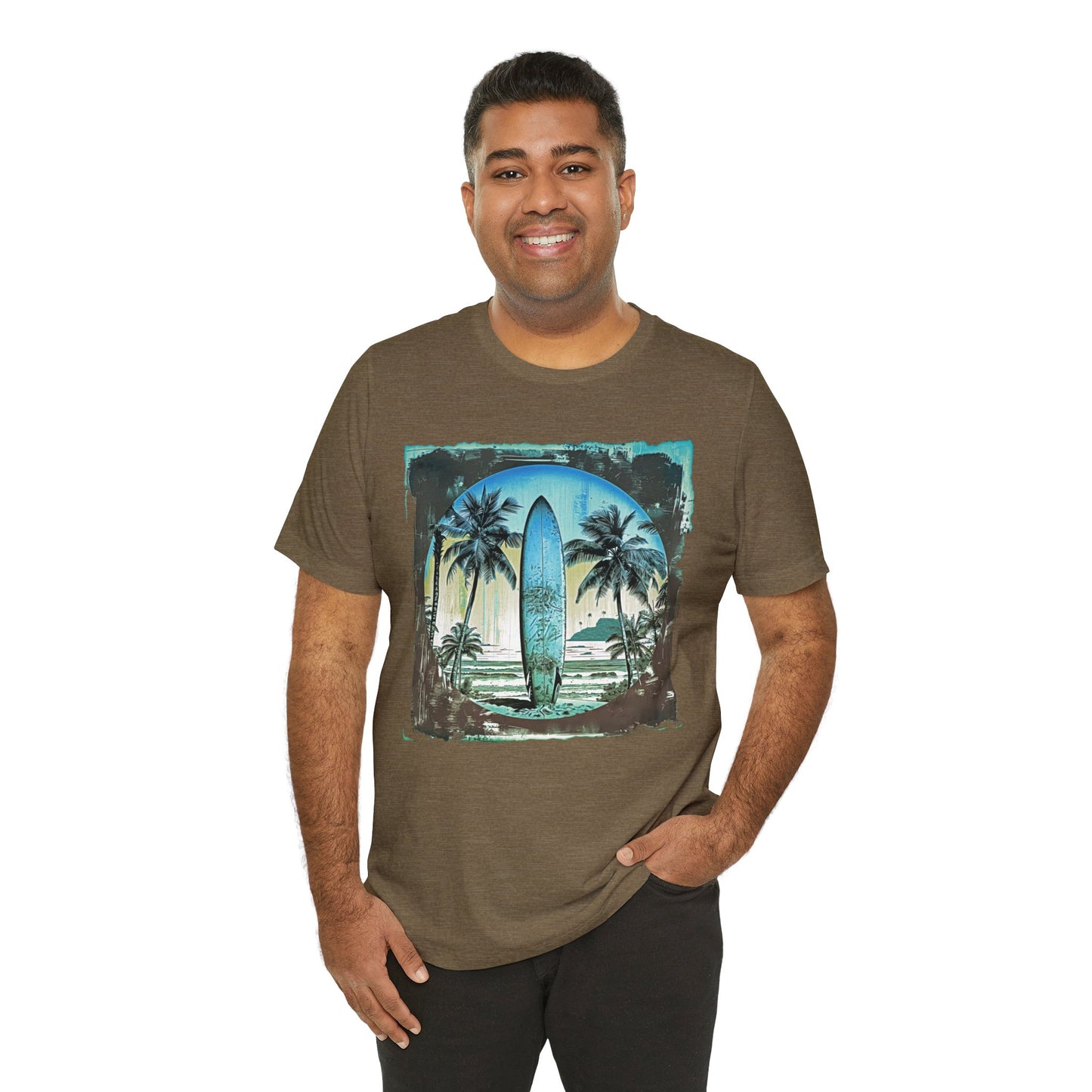 Blue board on the beach Unisex Jersey Short Sleeve Tee