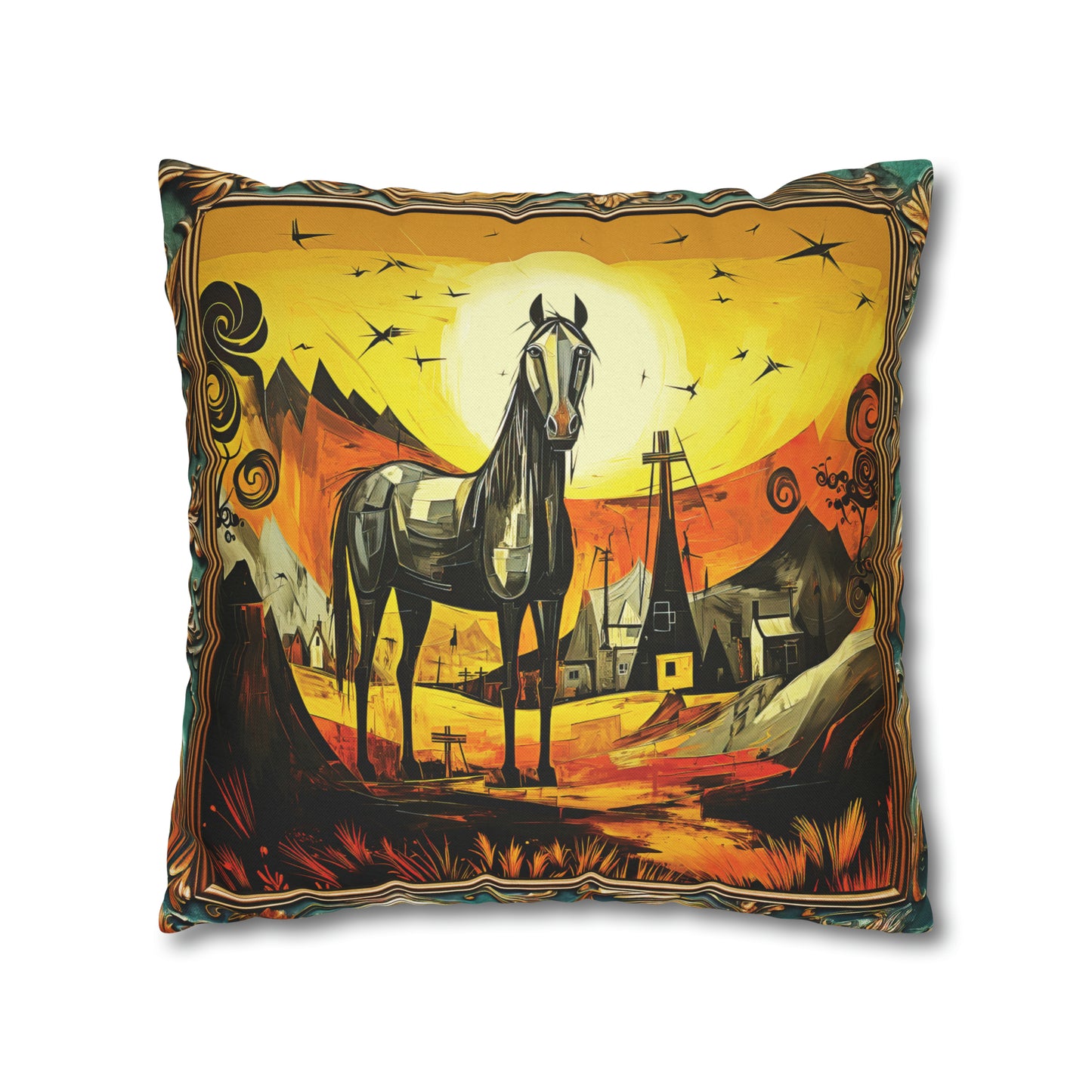 Square Pillow Case 18" x 18", CASE ONLY, no pillow form, original Art ,Colorful, Beautiful Abstract Black Horse at Sunset in a Western Village