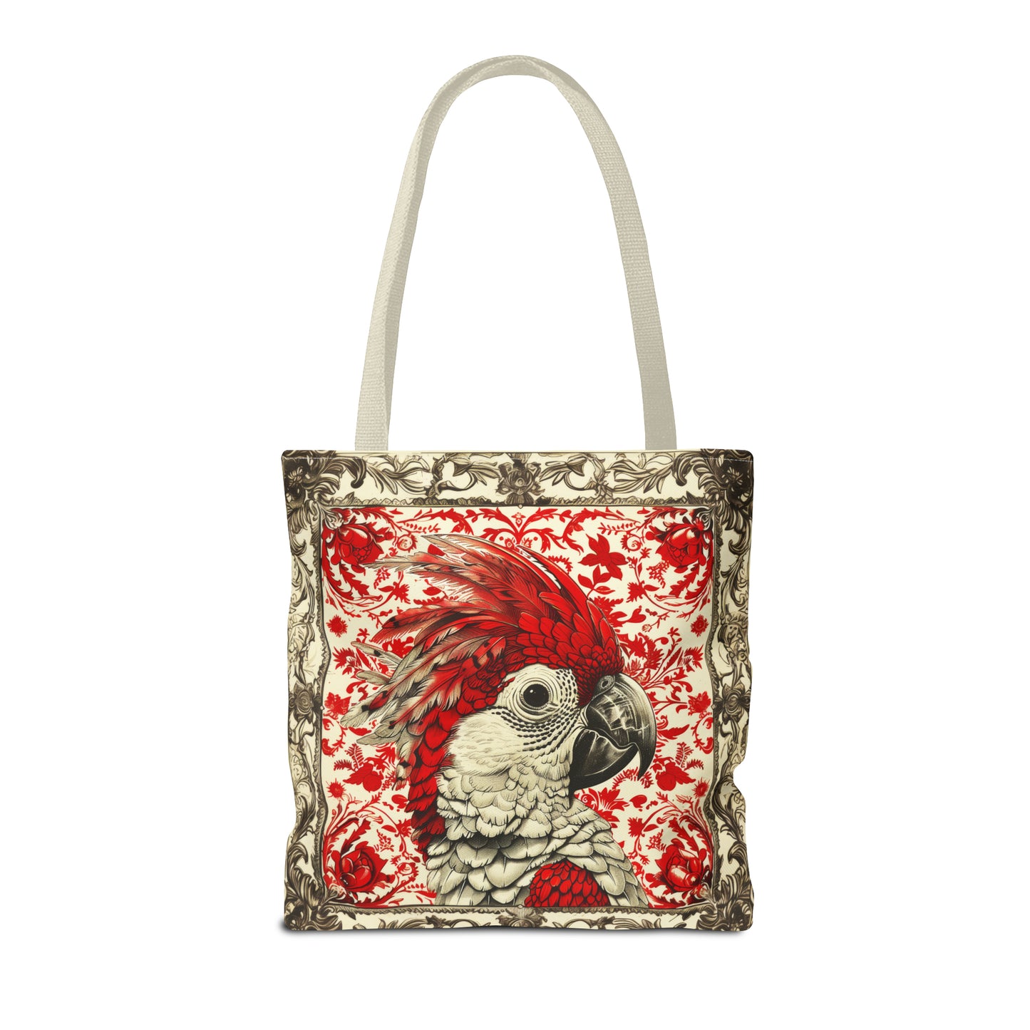 Canvas Tote Bag, vintage inspired bird design in red, vibrant artistic accessory, all over print bag