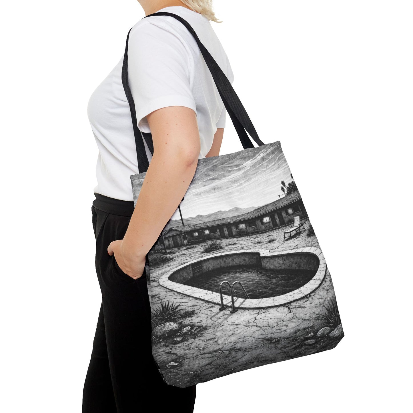 Retro Desert Motel Pool Tote Bag – Vintage Black & White Road Trip Art