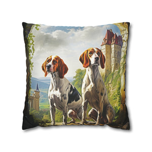 Square Pillow Case 18" x 18", CASE ONLY, no pillow form, original Art ,Colorful, Two Hunting Hounds in the French Countryside