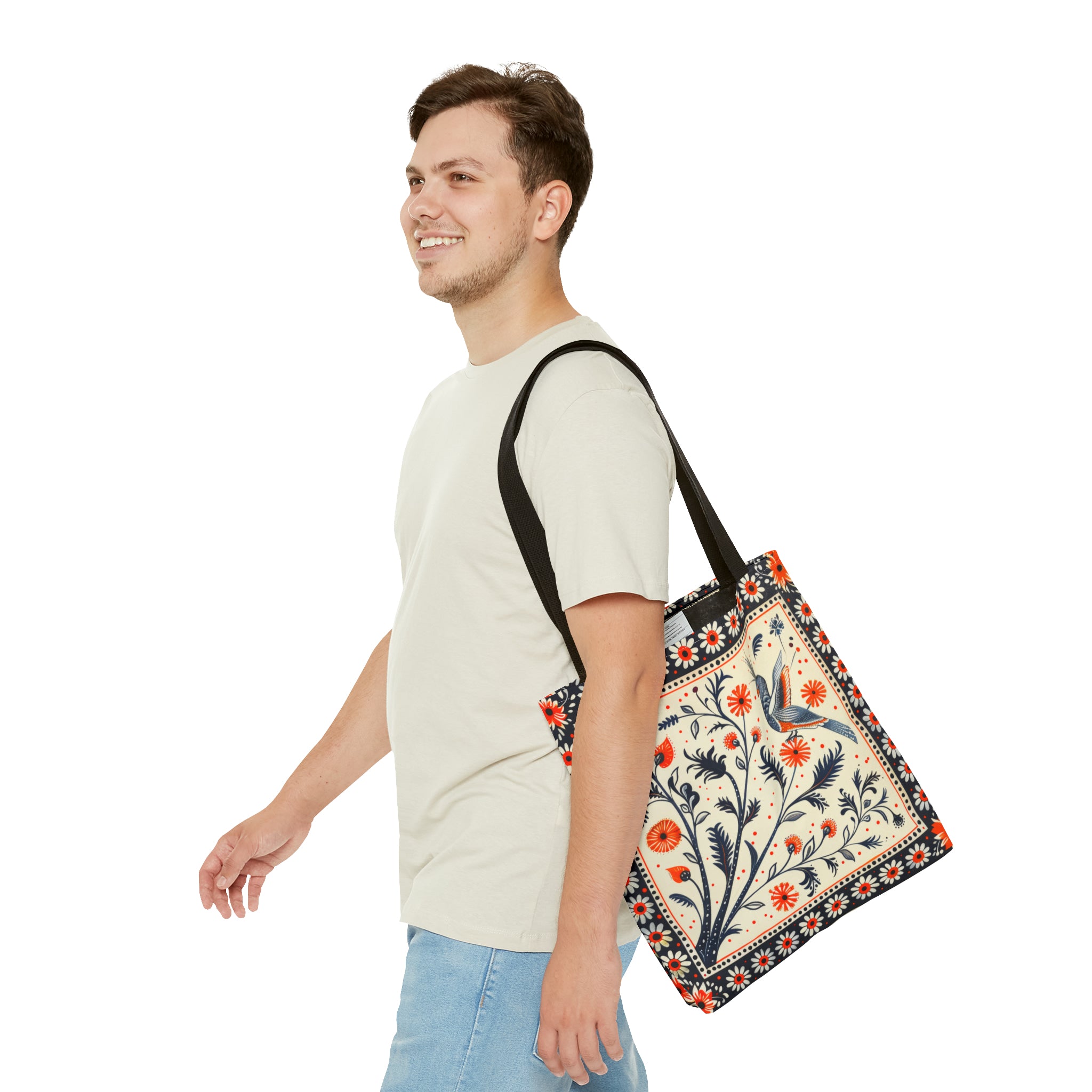 Canvas Tote Bag, red & black vintage inspired bird on a branch design, vibrant artistic accessory, whimsical all over print bag in three sizes