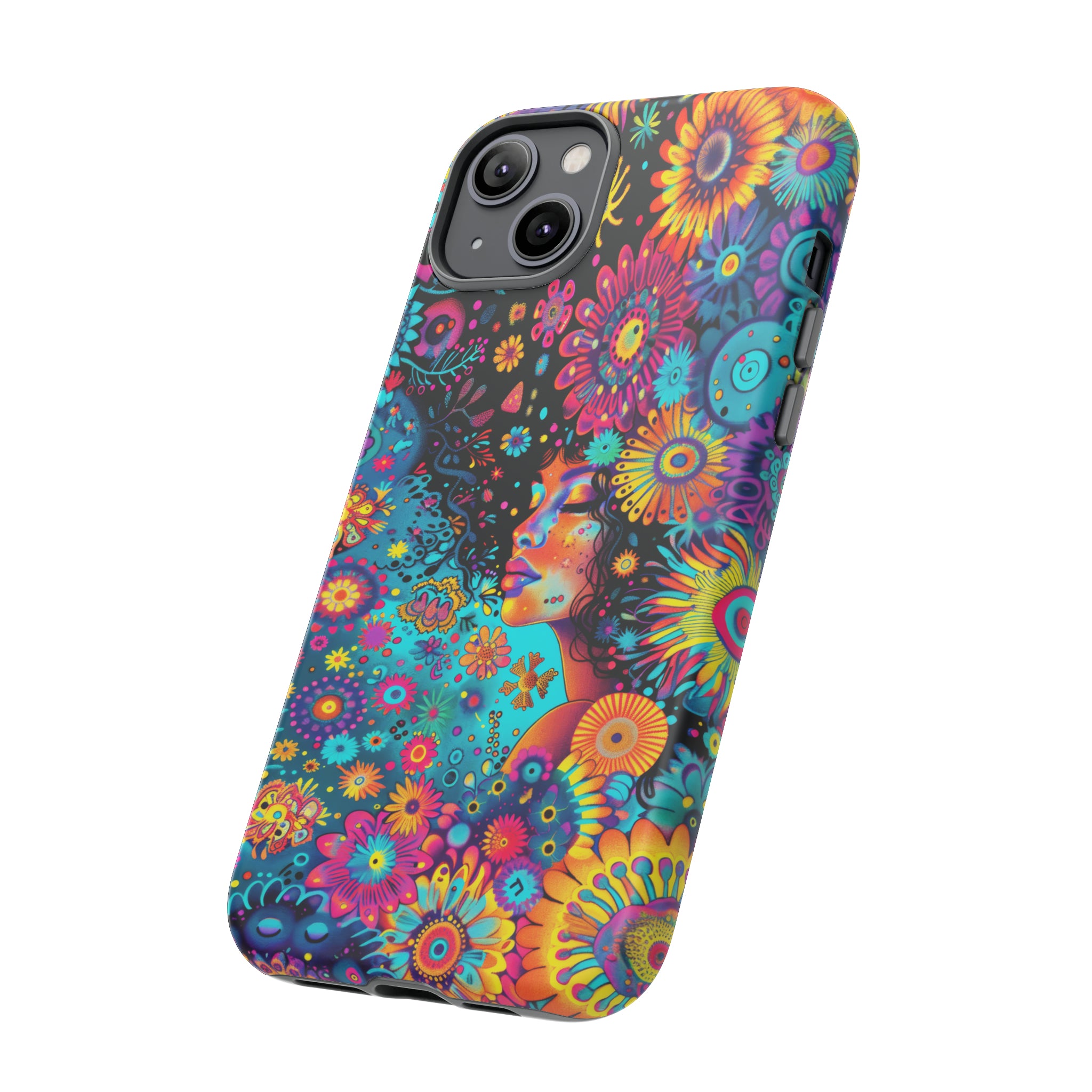 Phone Case, 1970's inspired flower girl, Artistic design, Tough Case, Colorful whimsical flower fantasy design, iPhone 15, 14, 13, 12, 11, Samsung, Pixel
