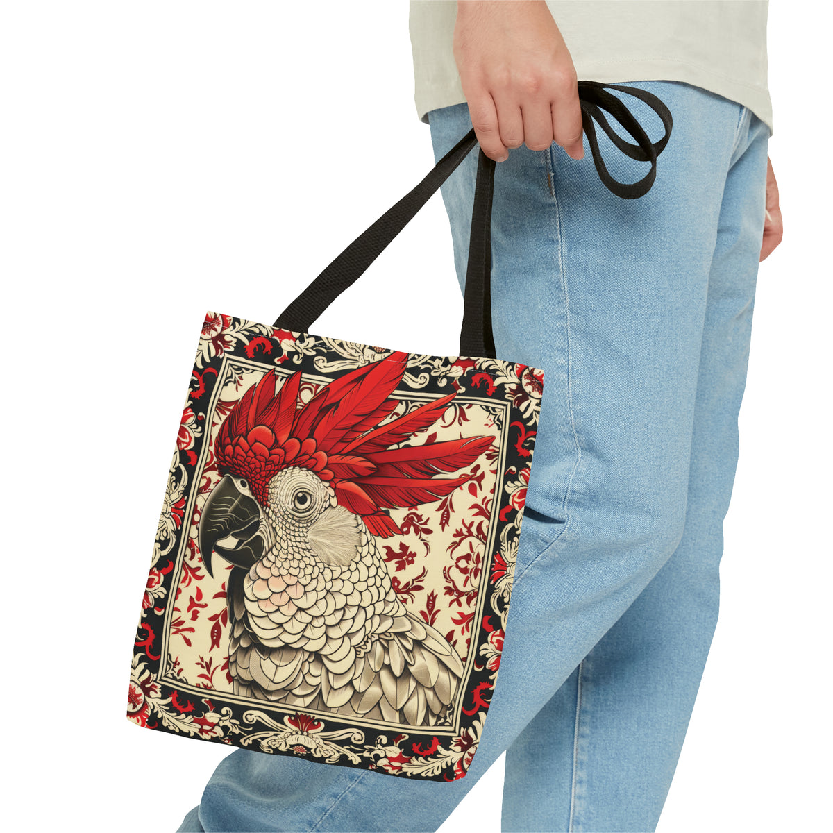 Canvas Tote Bag, vintage inspired cockatoo design, vibrant artistic accessory, whimsical all over print bag, three sizes