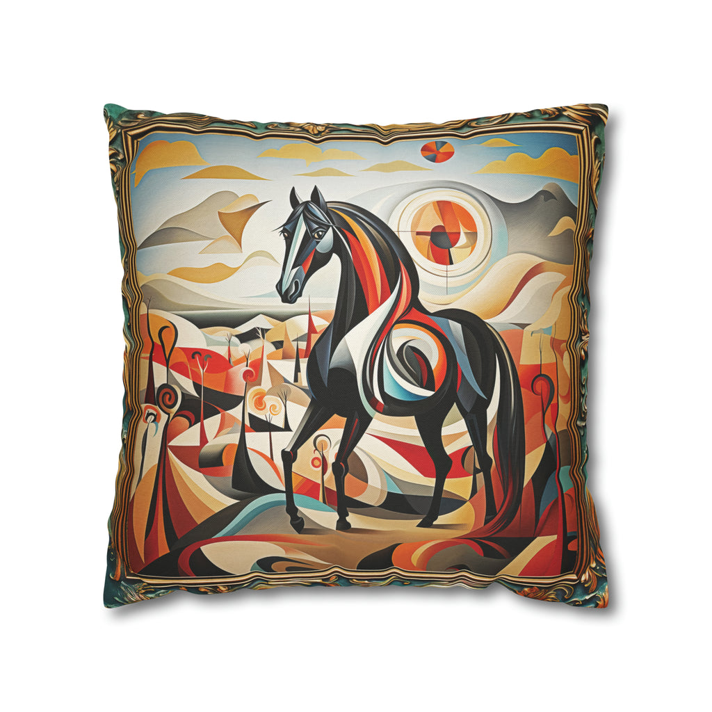 Square Pillow Case 18" x 18", CASE ONLY, no pillow form, original Art ,Colorful, Beautiful Cubist Style Horse on a colorful Landscape with Mountains