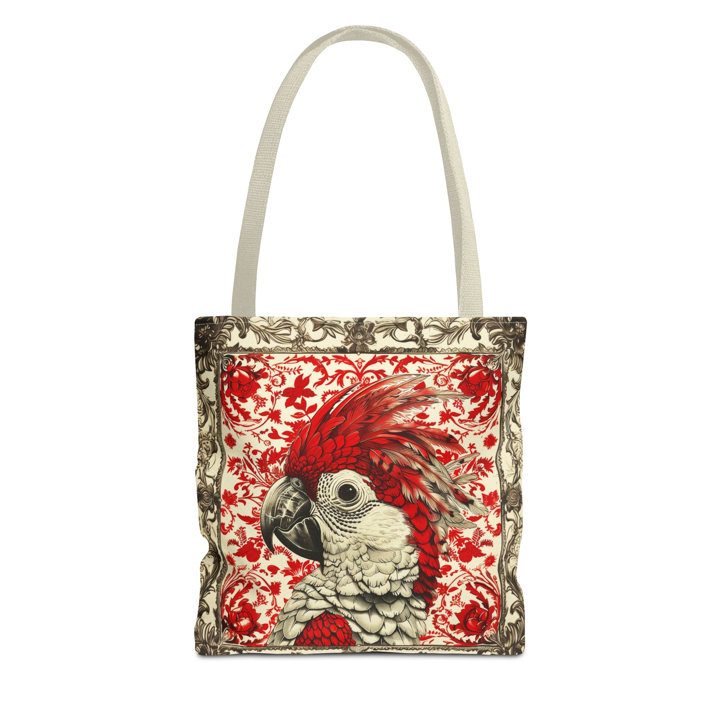Canvas Tote Bag, vintage inspired bird design in red, vibrant artistic accessory, all over print bag