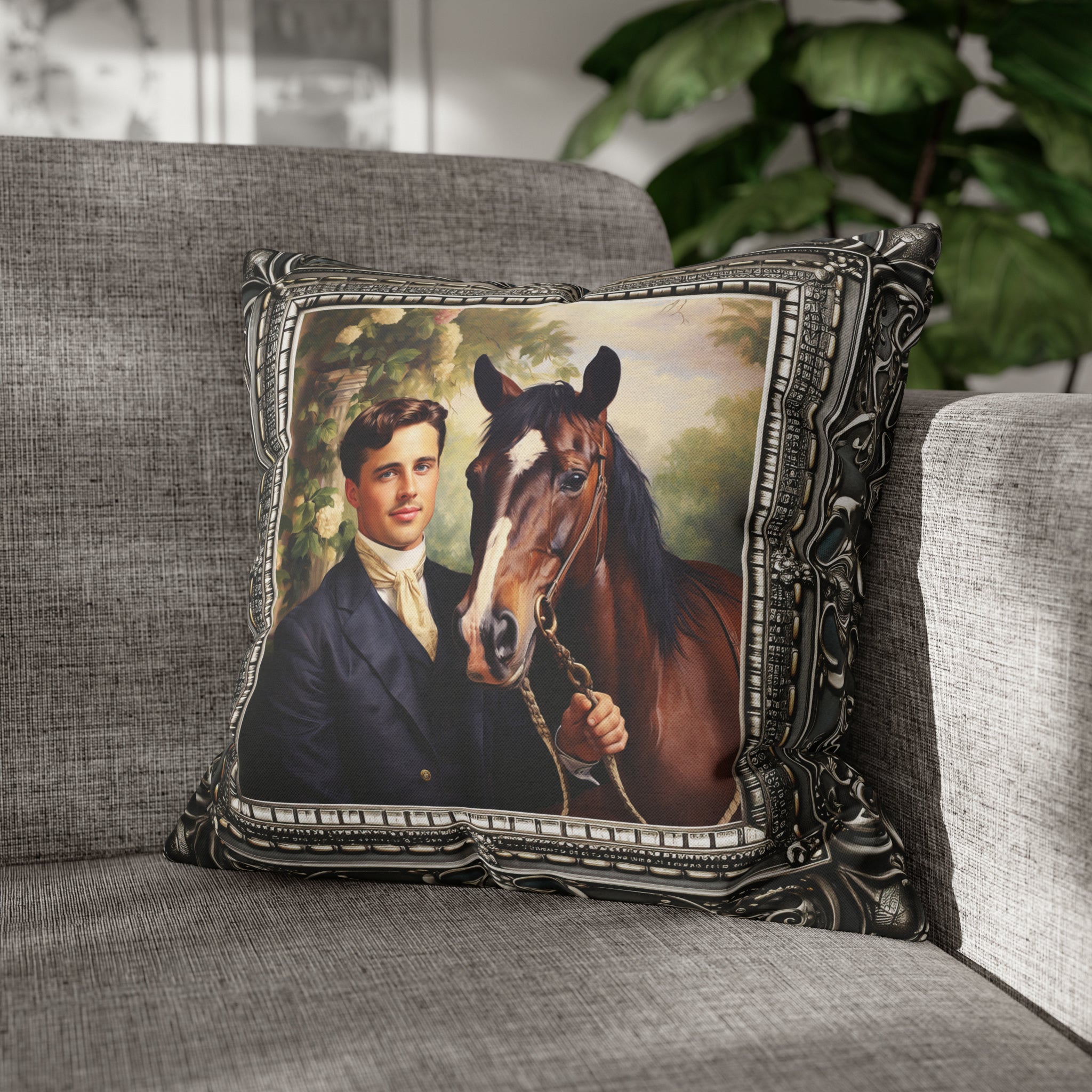 Square Pillow Case 18" x 18", CASE ONLY, no pillow form, original Art , a painting of an English Gent and His Horse Antique Frame
