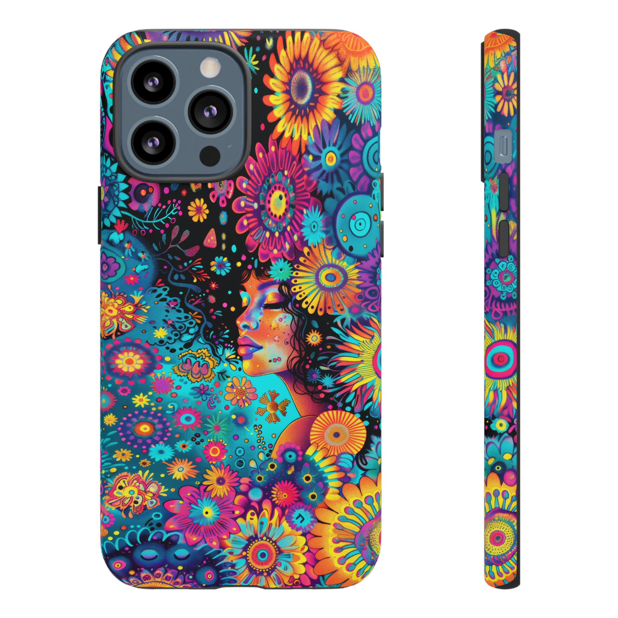 Phone Case, 1970's inspired flower girl, Artistic design, Tough Case, Colorful whimsical flower fantasy design, iPhone 15, 14, 13, 12, 11, Samsung, Pixel