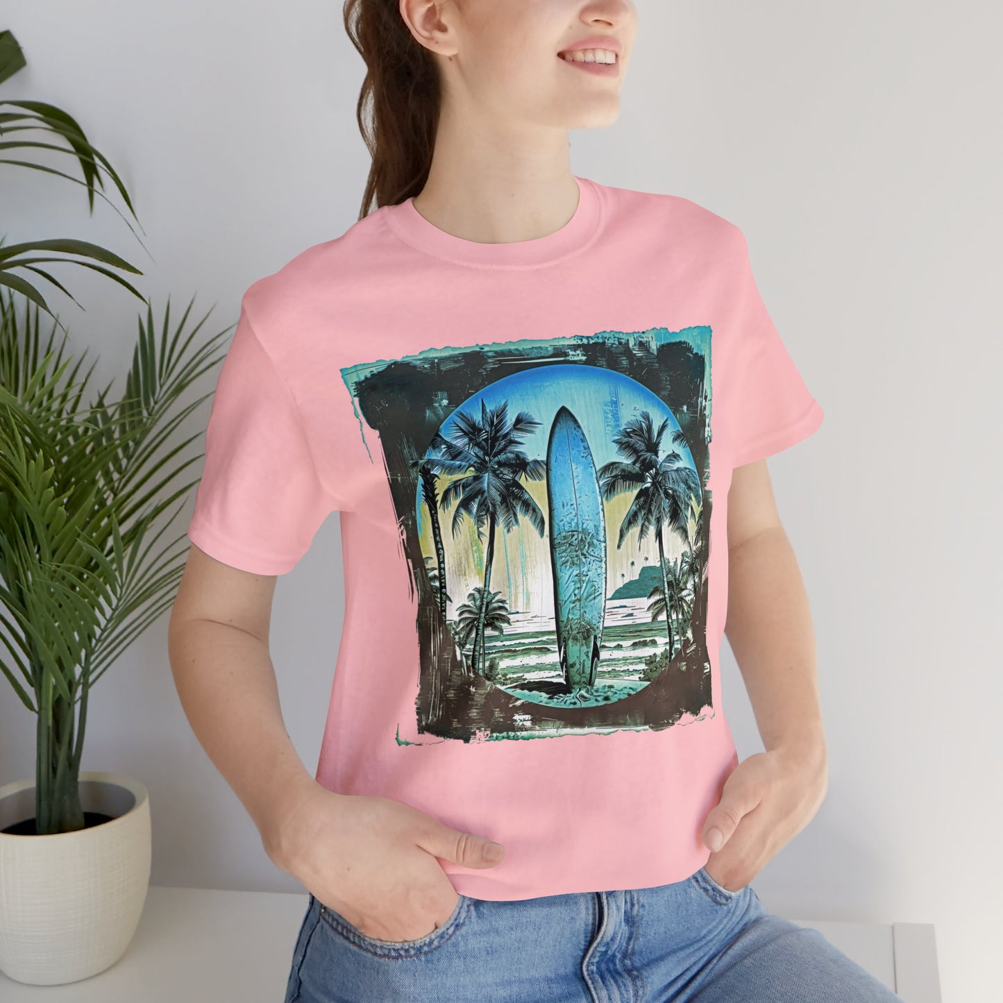 Blue board on the beach Unisex Jersey Short Sleeve Tee