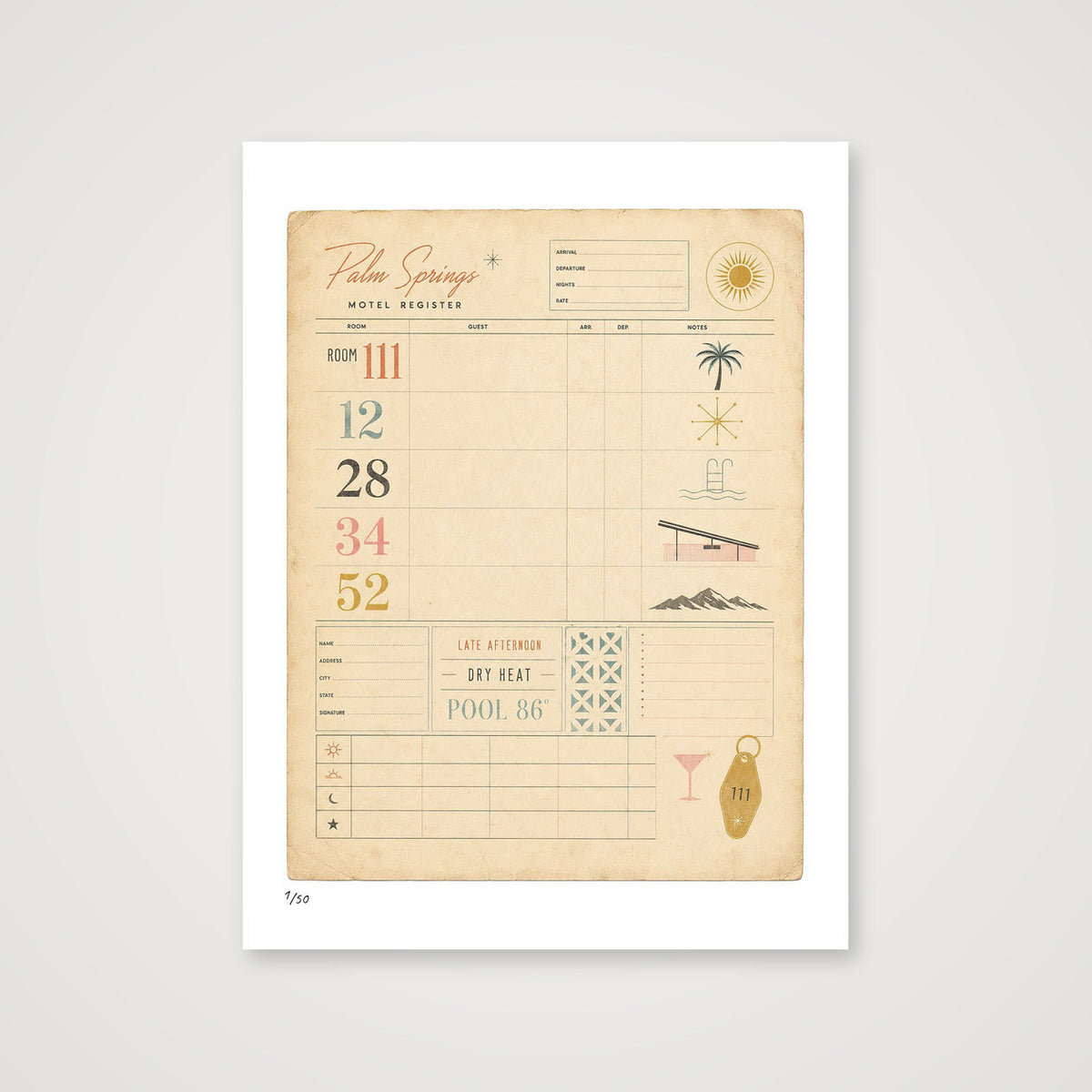 Palm Springs Hotel Chart — California — 30×40cm, 12×16" Print only