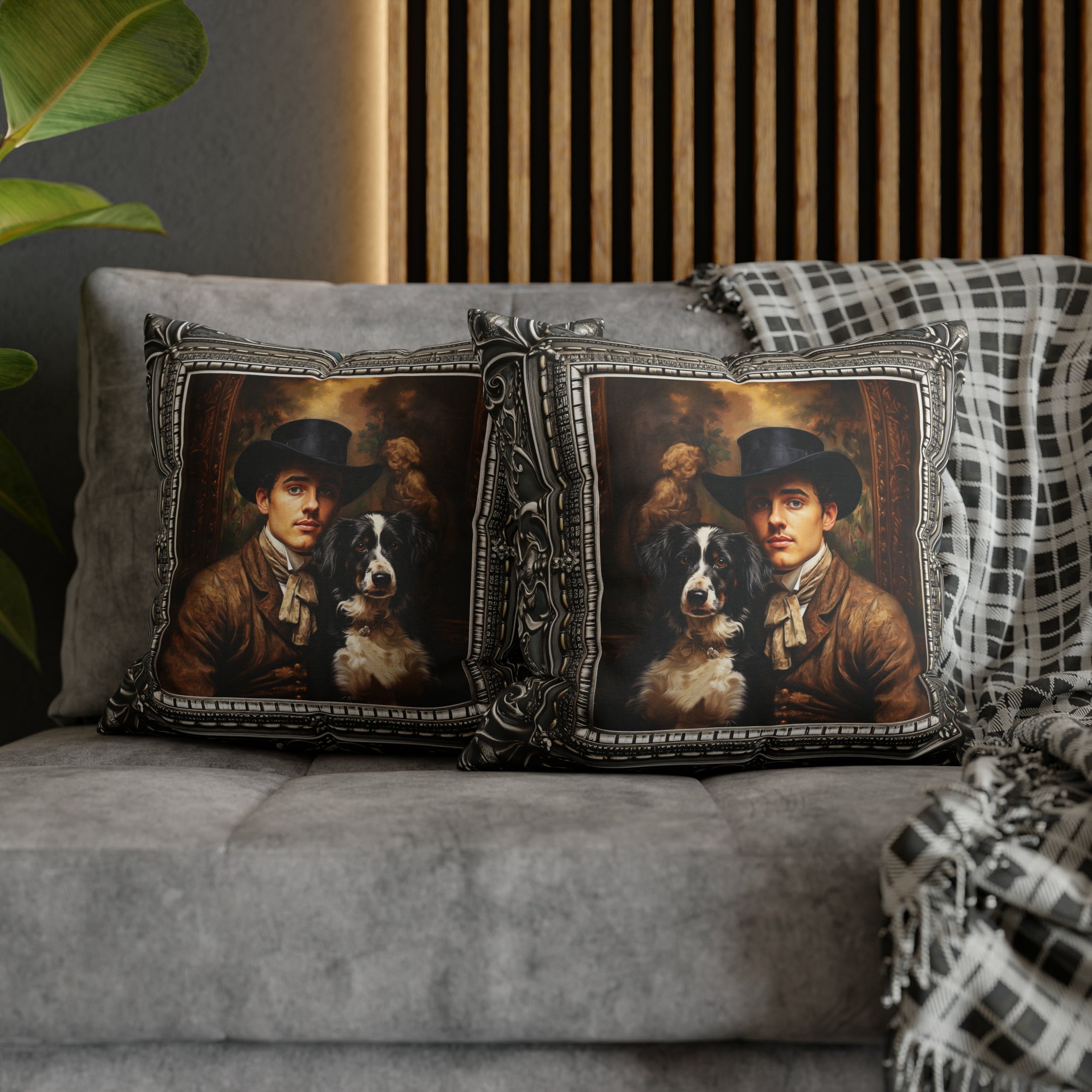 Square Pillow Case 18" x 18", CASE ONLY, no pillow form, original Art ,a Painting of a Spanish Royal and His Dog, Antique Frame