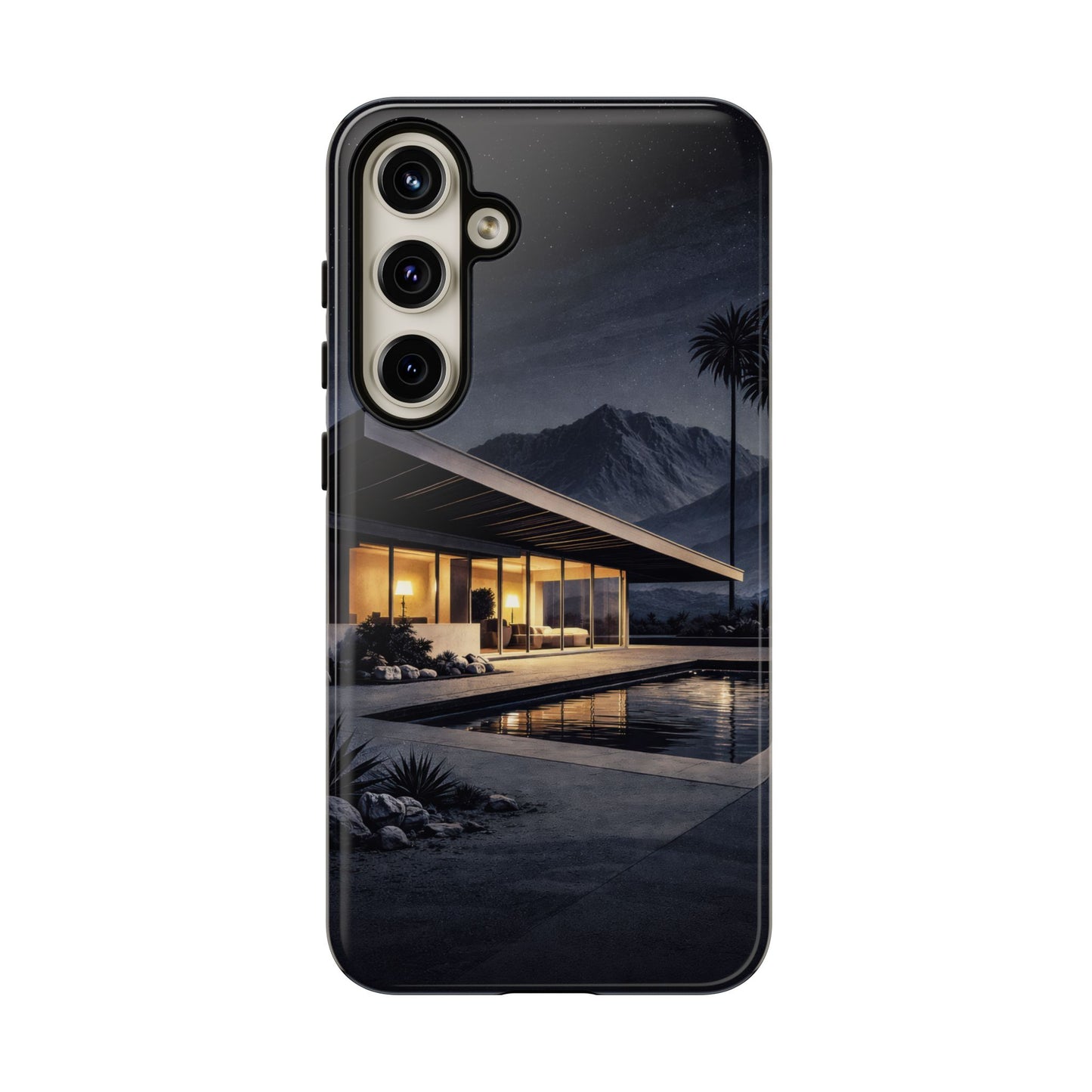 Modern Palm Springs House Phone Case — Mid-Century Poolside Evening Scene