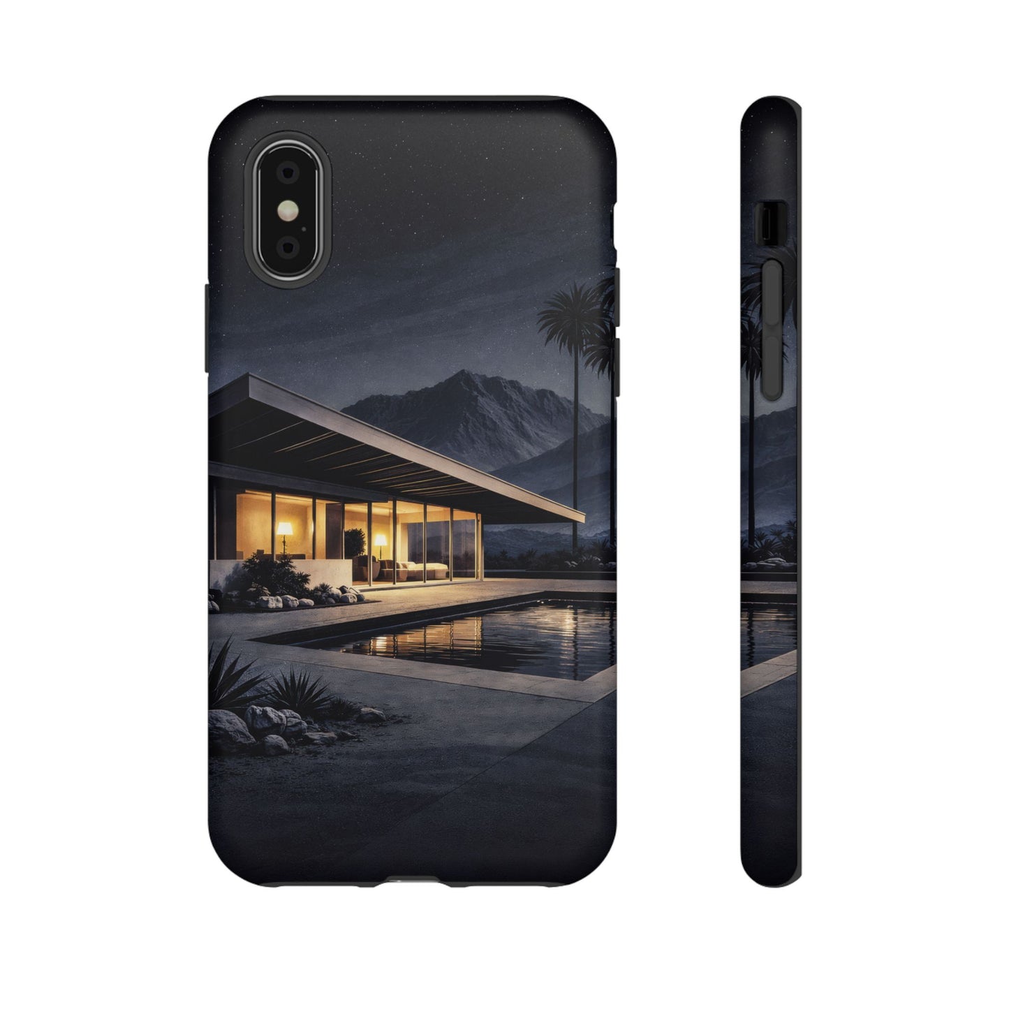 Modern Palm Springs House Phone Case — Mid-Century Poolside Evening Scene