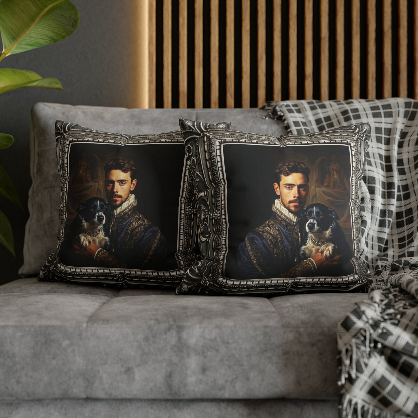 Square Pillow Case 18" x 18", CASE ONLY, no pillow form, original Art , a painterly Pillow of Renaissance Royalty with his Dog Antique Frame