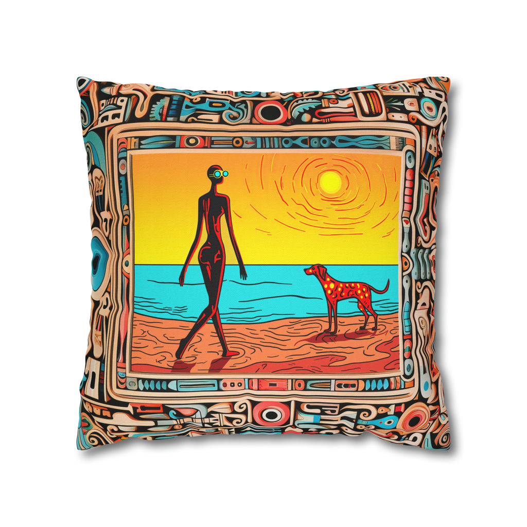 Square Pillow Case 18" x 18", CASE ONLY, no pillow form, original Pop Art Style, Alien & her Spotted Dog at the Beach, In a Frame