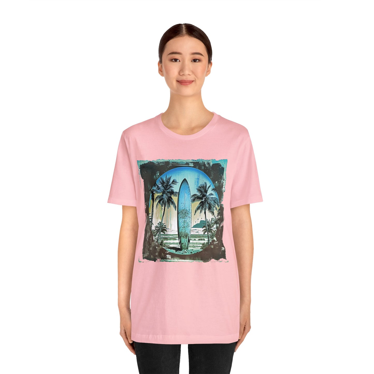 Blue board on the beach Unisex Jersey Short Sleeve Tee