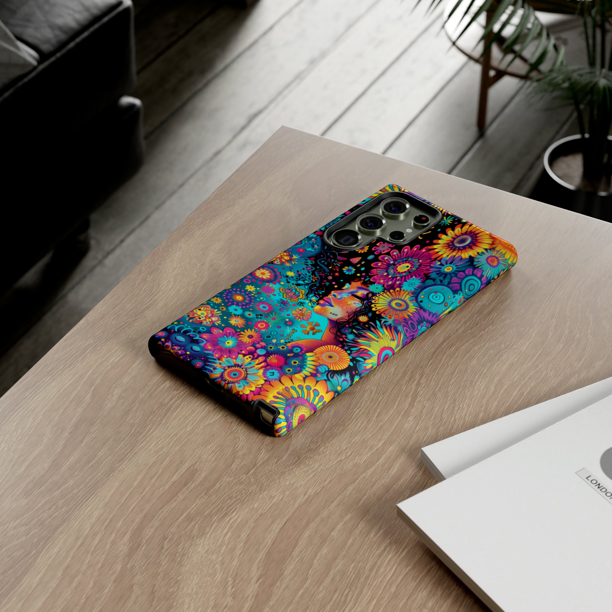 Phone Case, 1970's inspired flower girl, Artistic design, Tough Case, Colorful whimsical flower fantasy design, iPhone 15, 14, 13, 12, 11, Samsung, Pixel