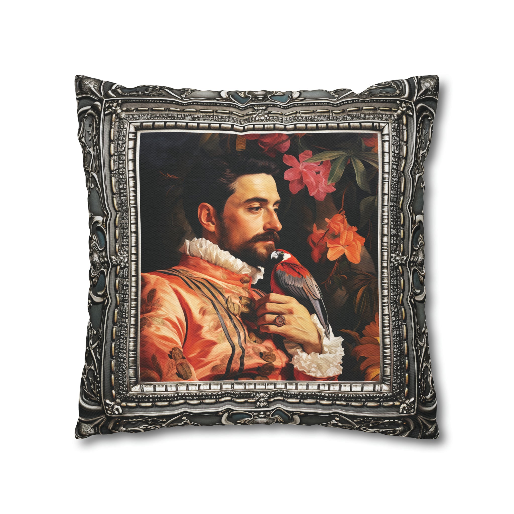 Square Pillow Case 18" x 18", CASE ONLY, no pillow form, original Art ,Colorful, a painting of an Italian Aristocrat and his Bird, Antique Frame