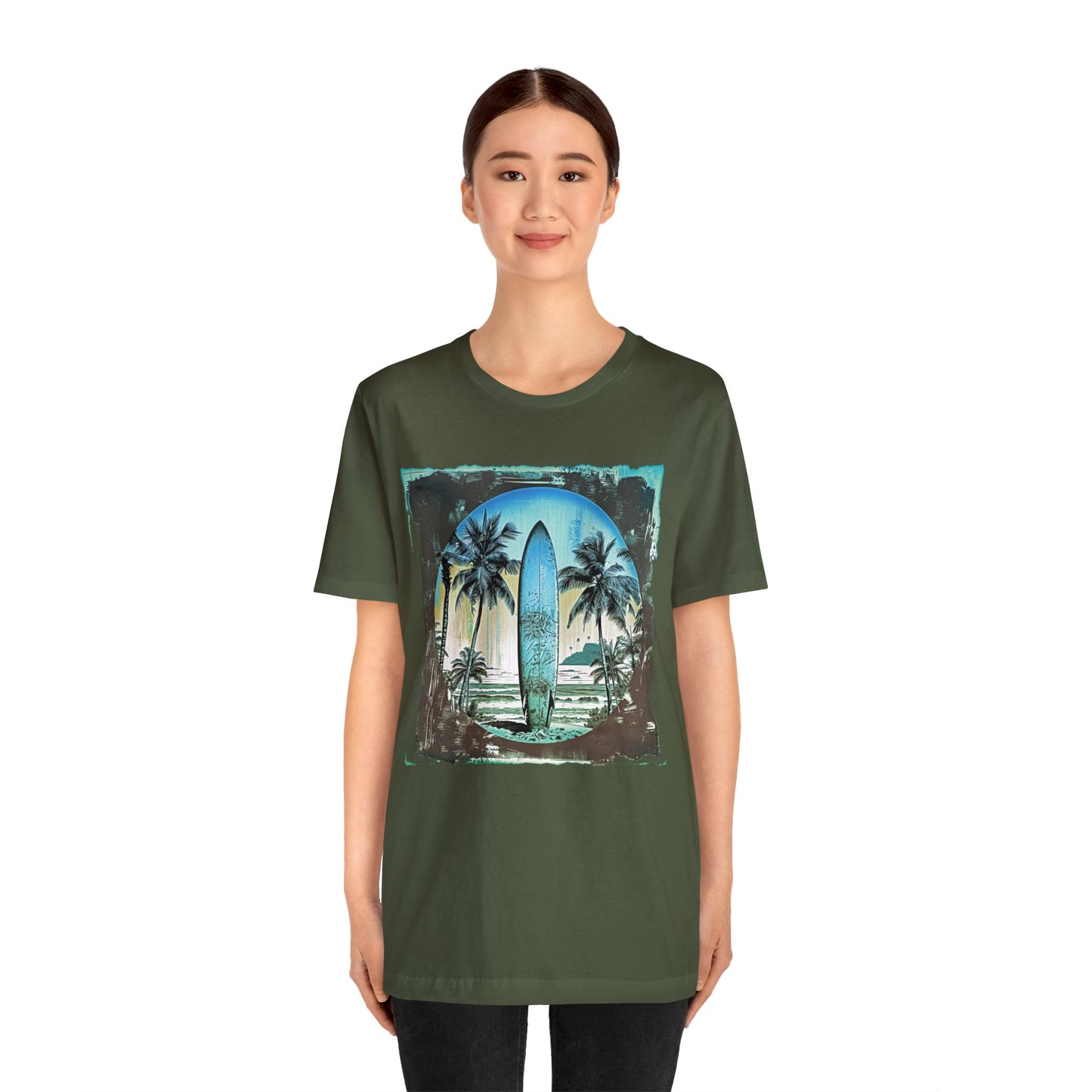 Blue board on the beach Unisex Jersey Short Sleeve Tee