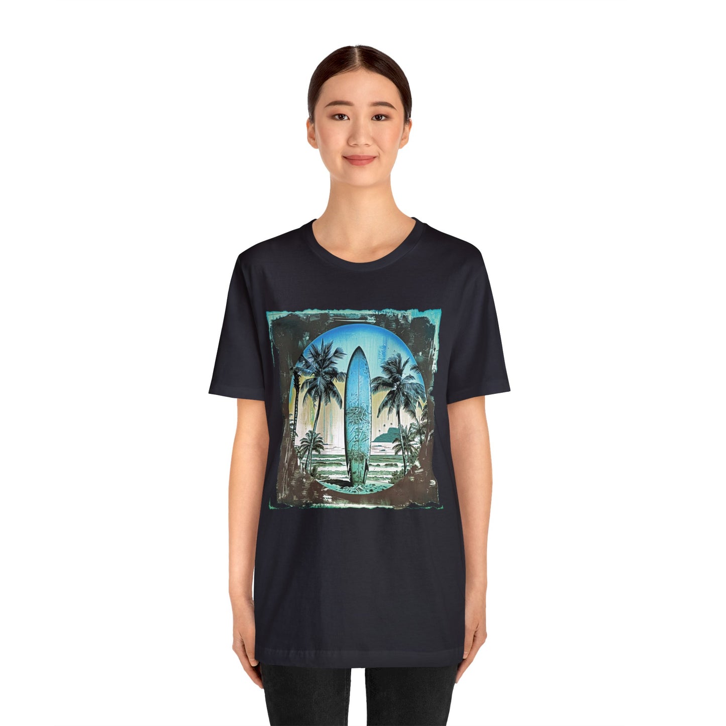 Blue board on the beach Unisex Jersey Short Sleeve Tee