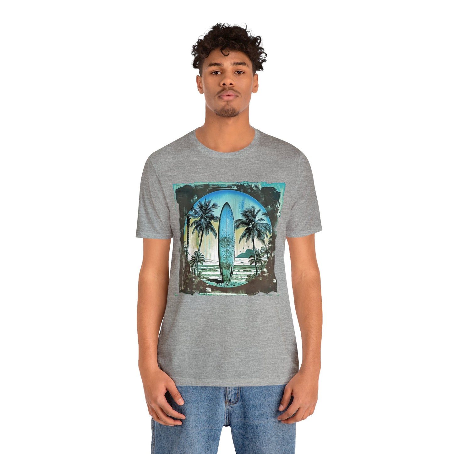 Blue board on the beach Unisex Jersey Short Sleeve Tee