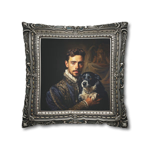 Square Pillow Case 18" x 18", CASE ONLY, no pillow form, original Art , a painterly Pillow of Renaissance Royalty with his Dog Antique Frame