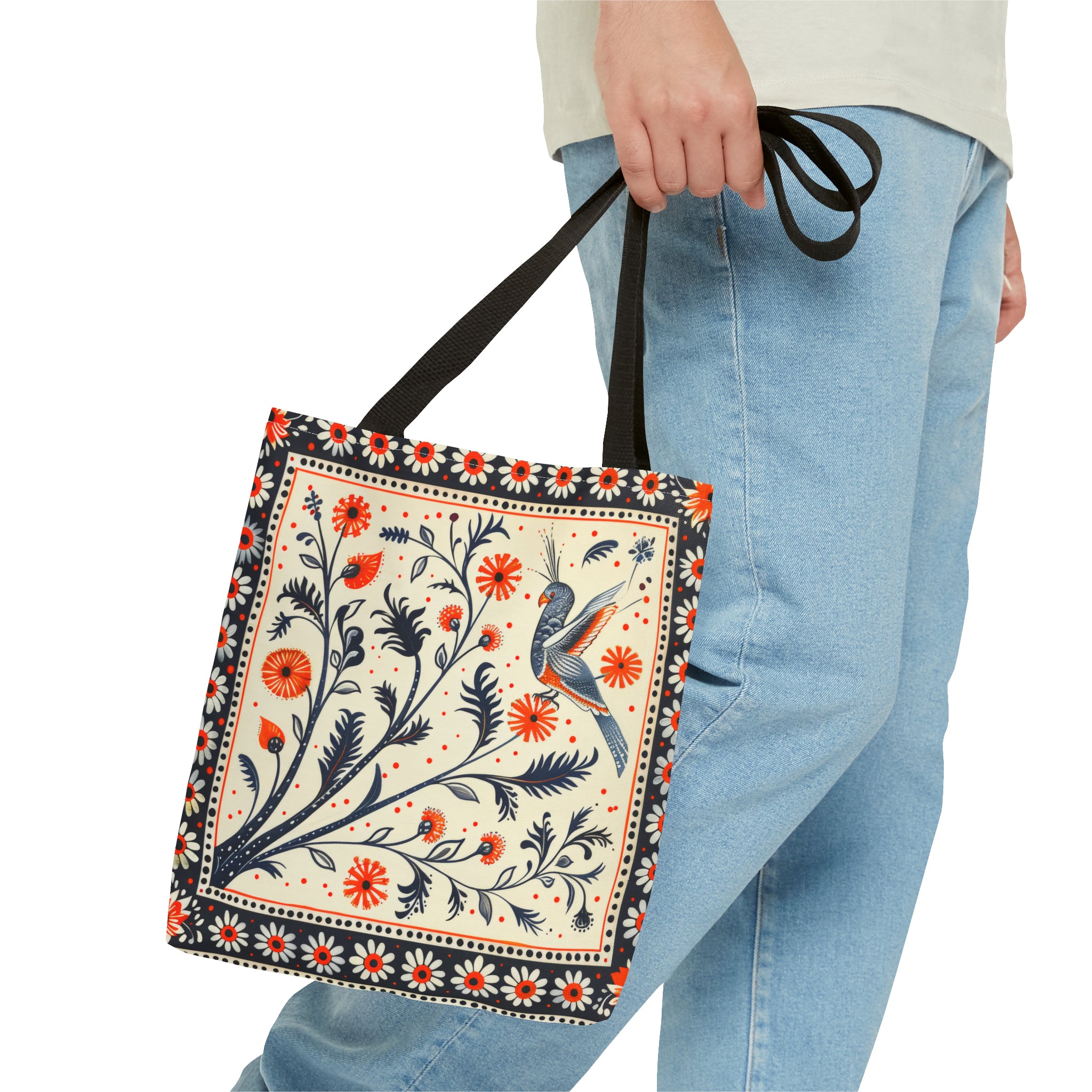 Canvas Tote Bag, red & black vintage inspired bird on a branch design, vibrant artistic accessory, whimsical all over print bag in three sizes