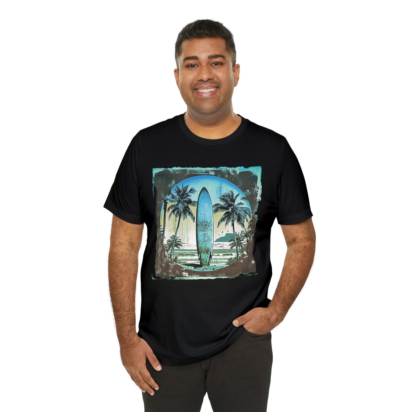 Blue board on the beach Unisex Jersey Short Sleeve Tee