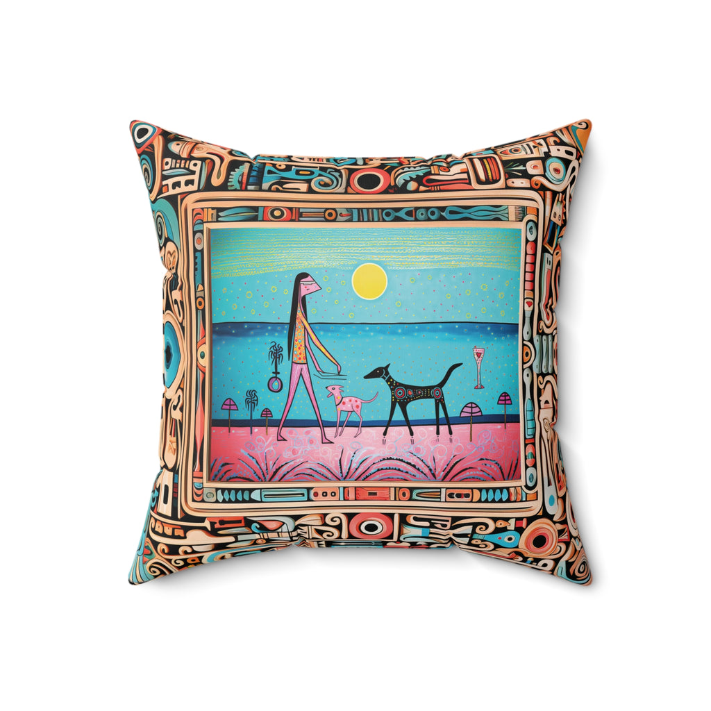 Girl and her Dog on the Beach Square Pillow