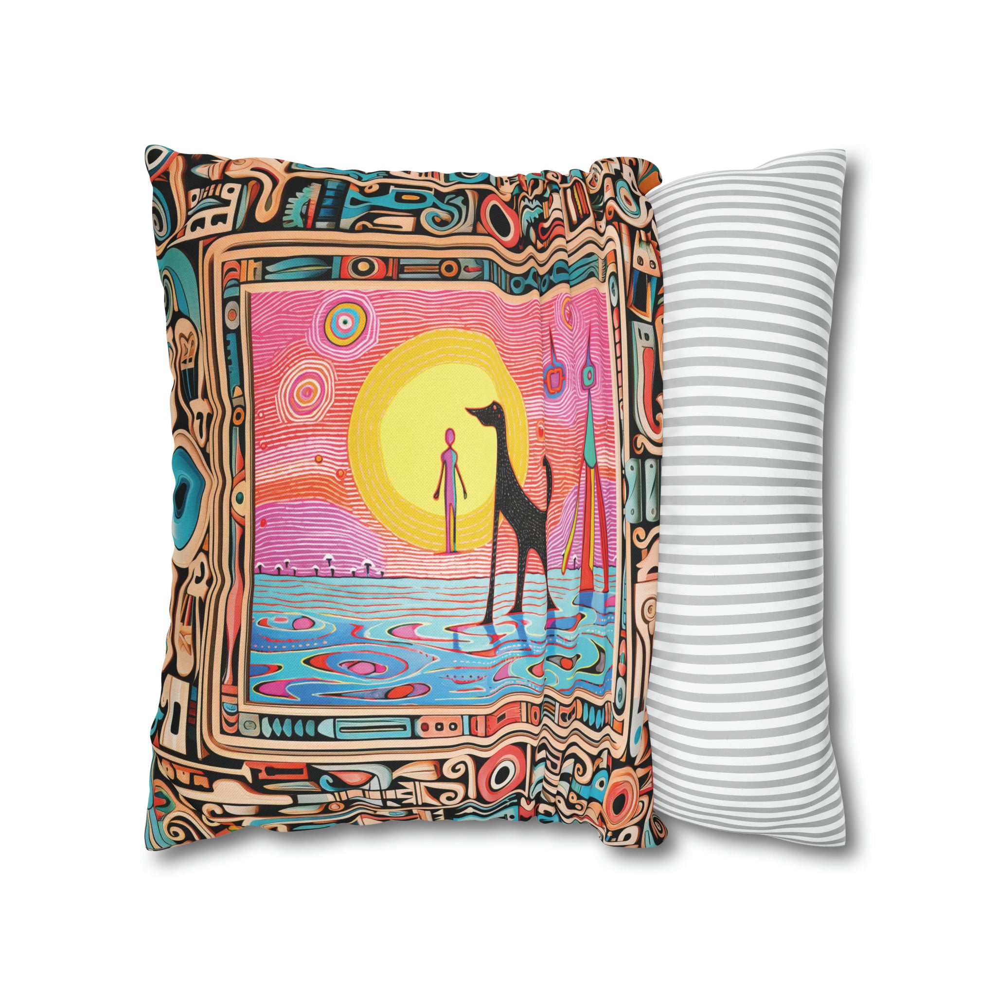 Square Pillow Case 18" x 18", CASE ONLY, no pillow form, original Pop Art Style, Alien Dog Taking a Swim, Image in a frame