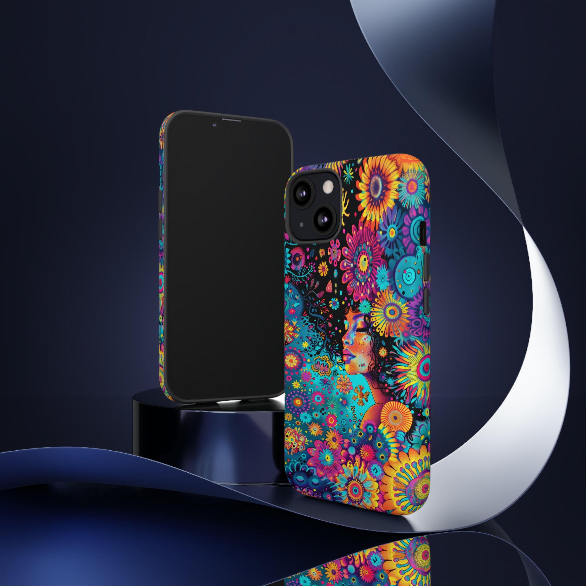 Phone Case, 1970's inspired flower girl, Artistic design, Tough Case, Colorful whimsical flower fantasy design, iPhone 15, 14, 13, 12, 11, Samsung, Pixel