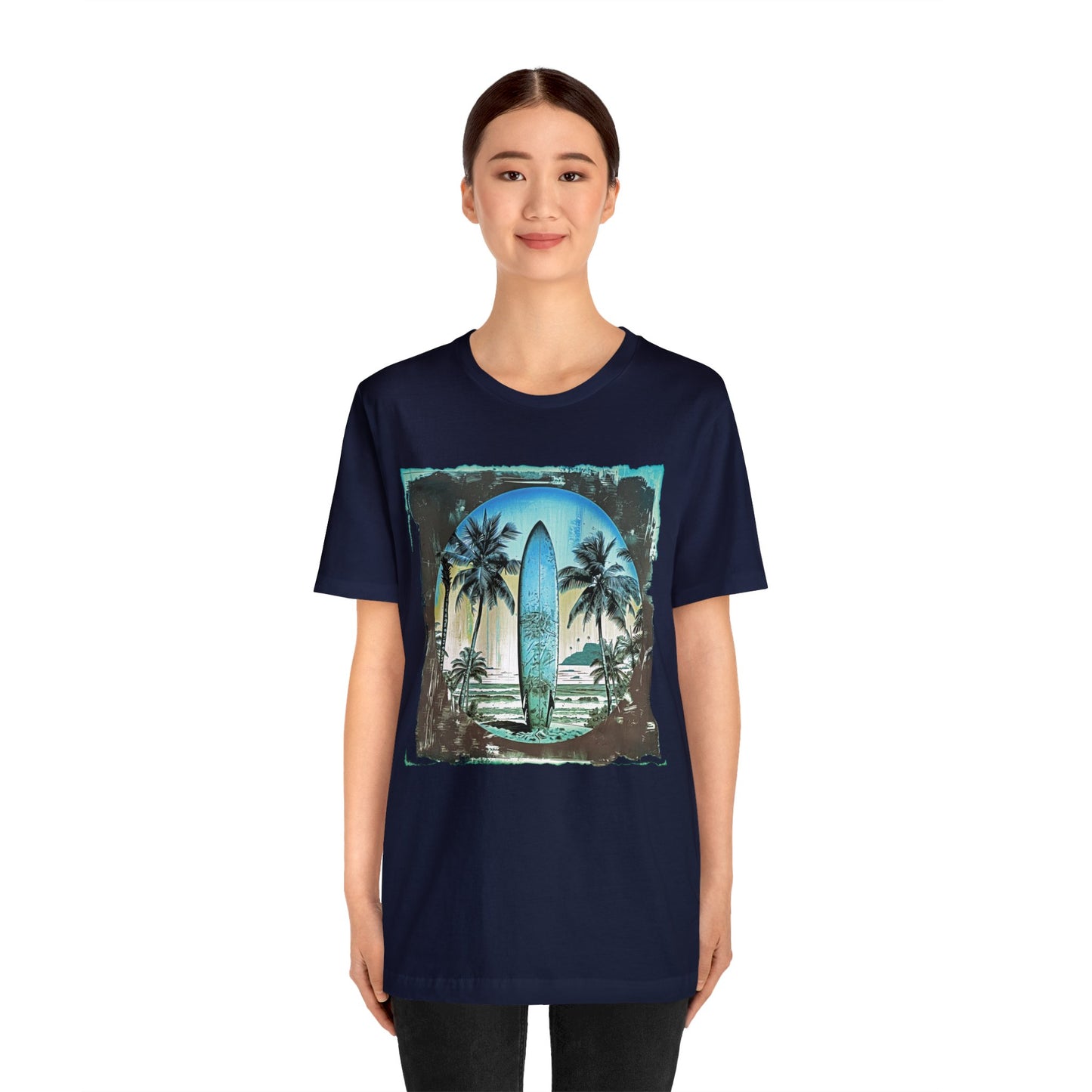 Blue board on the beach Unisex Jersey Short Sleeve Tee