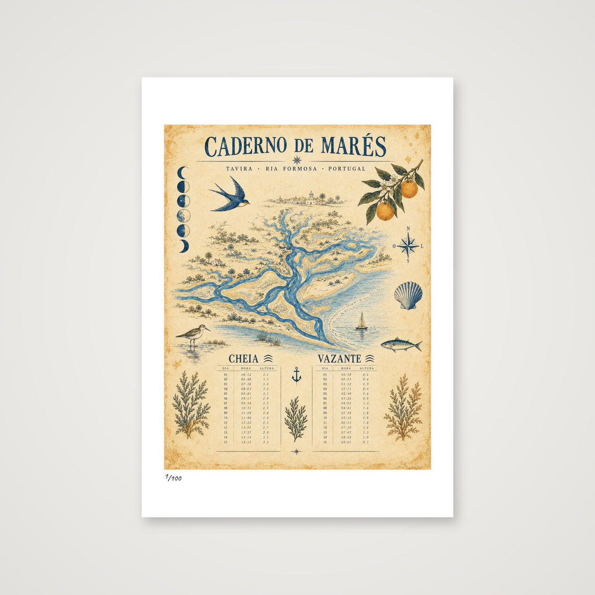 Caderno de Marés — unframed A4 limited-edition print with white border. Print only