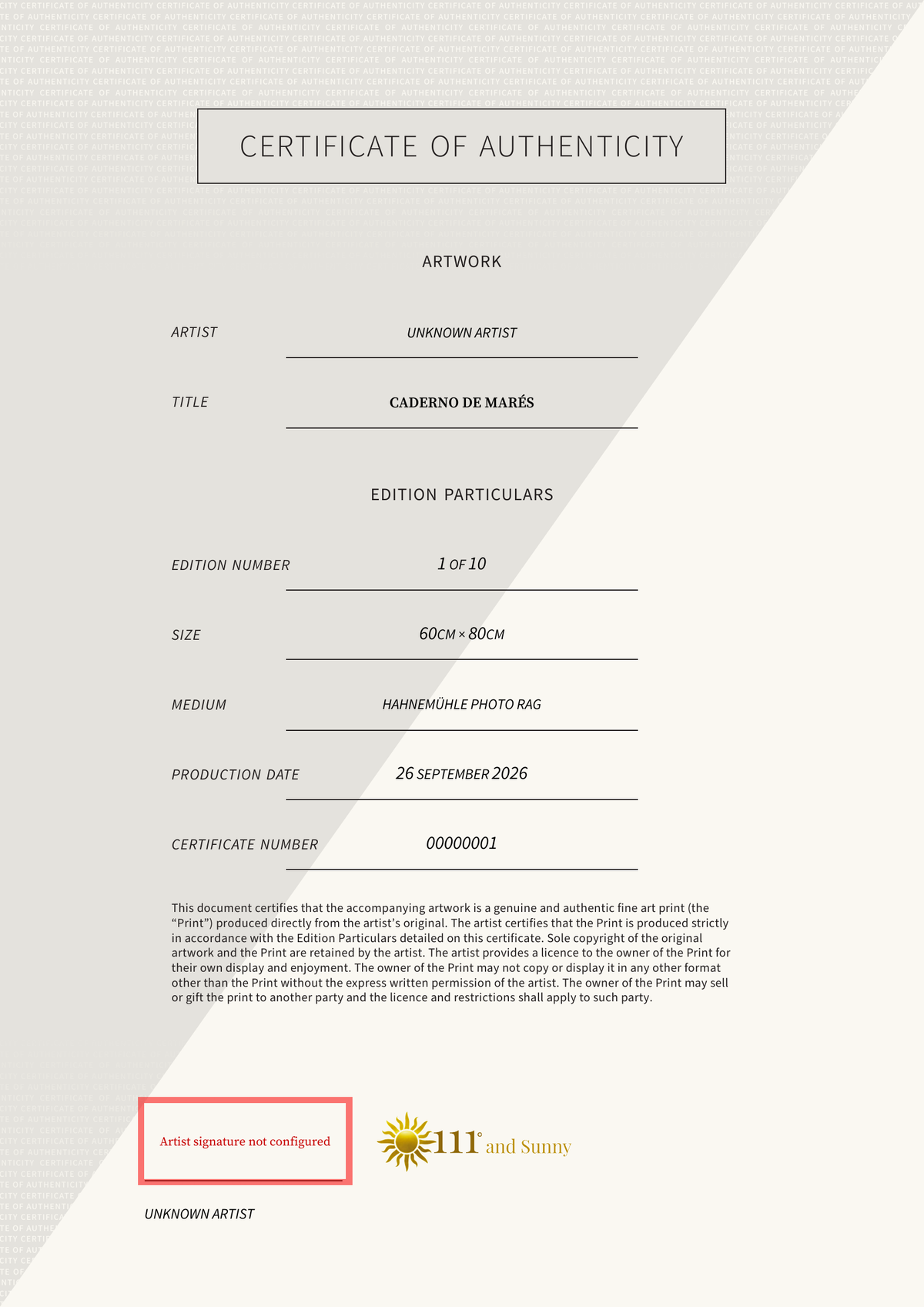 Caderno de Marés — Certificate of Authenticity